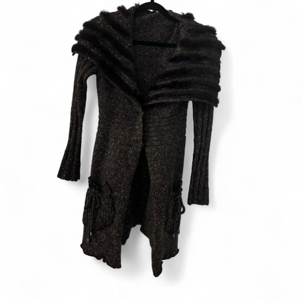 Y2K vintage Brown grey cardigan with mohair wool fur trim #y2k FashionElle - Picture 2 of 8